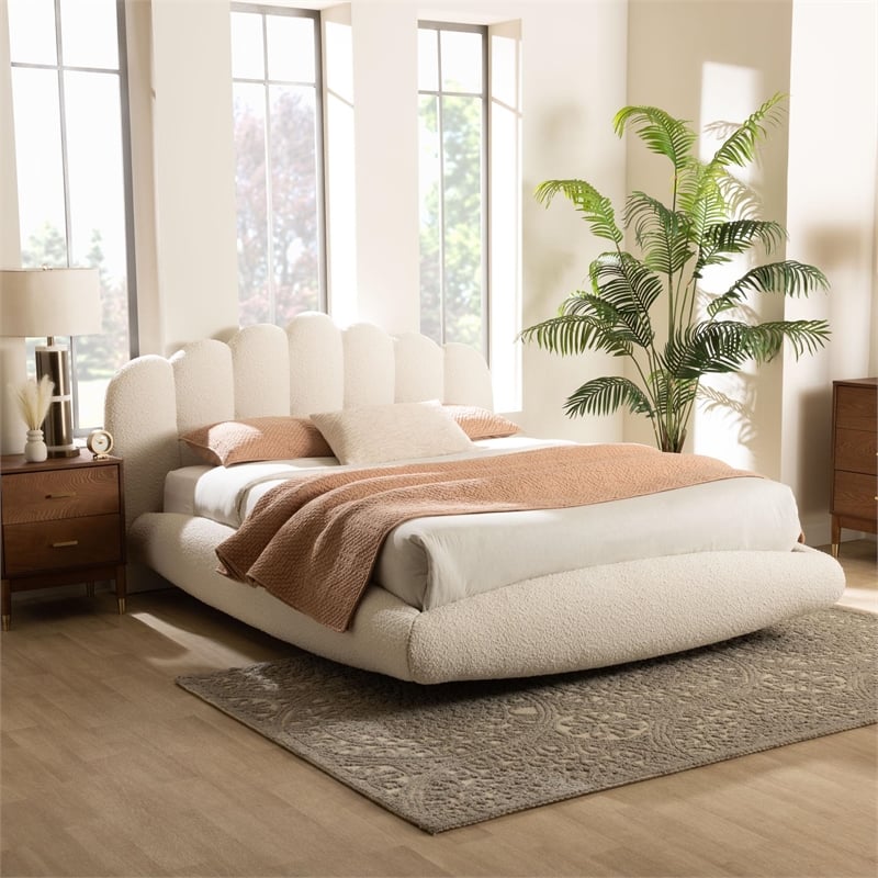 Baxton Studio Grenier Modern Cream Boucle Fabric King Size Floating Bed