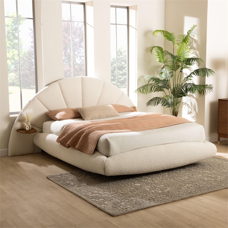 Baxton Studio Cherise Cream Boucle Fabric King Floating Bed with Shelves