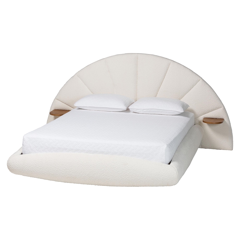 Baxton Studio Cherise Cream Boucle Fabric King Floating Bed with Shelves