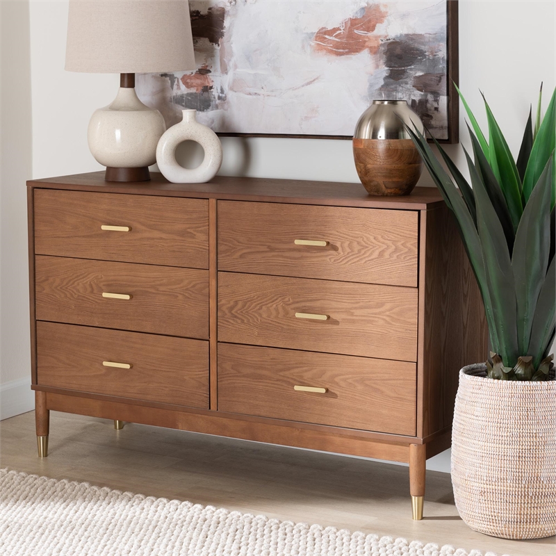 Baxton Studio Mandolin Mid-Century Ash Walnut Wood 6-Drawer Dresser