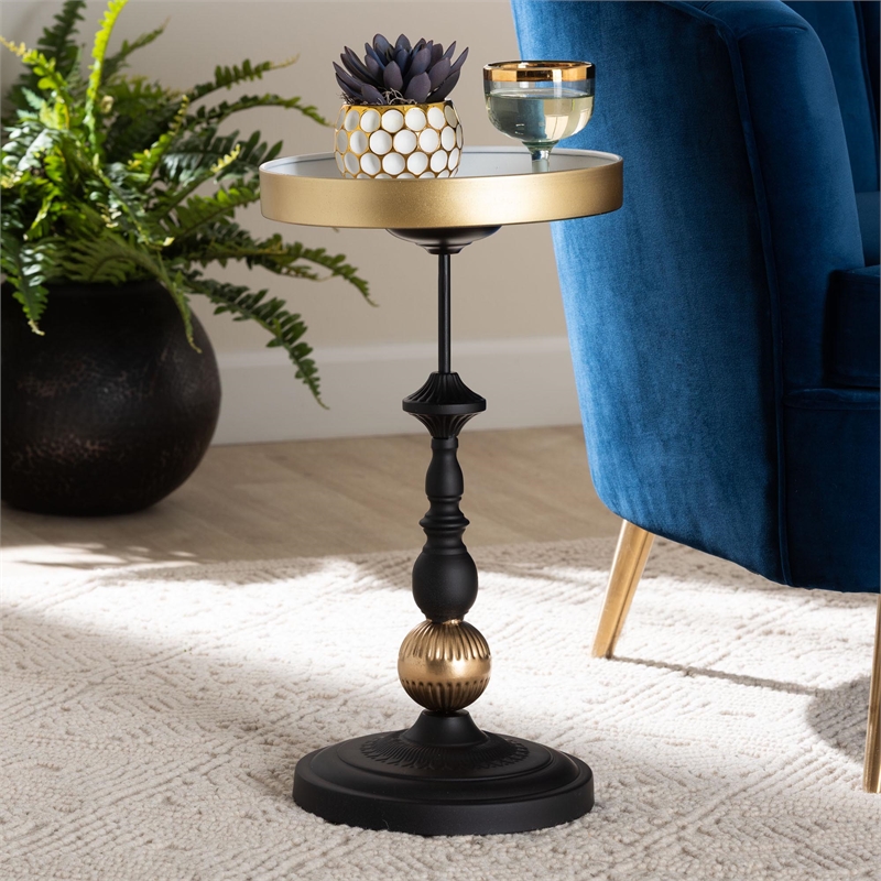 Baxton Studio Javion Round Accent Side Table Black and Gold Metal End Table