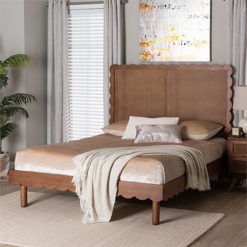 Baxton Studio Orianthe Platform Bed with Rattan Headboard Queen Size