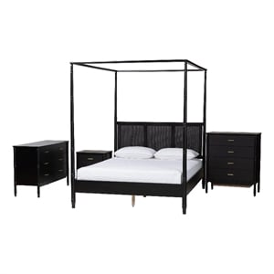 Baxton Studio Marisela 4 Piece Black Bedroom Set Rattan Headboard Queen