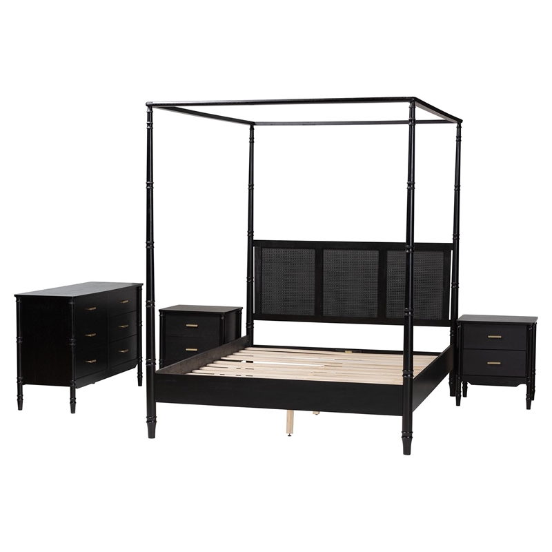 Baxton Studio Marisela 4 Piece Black Bedroom Set Rattan Headboard King