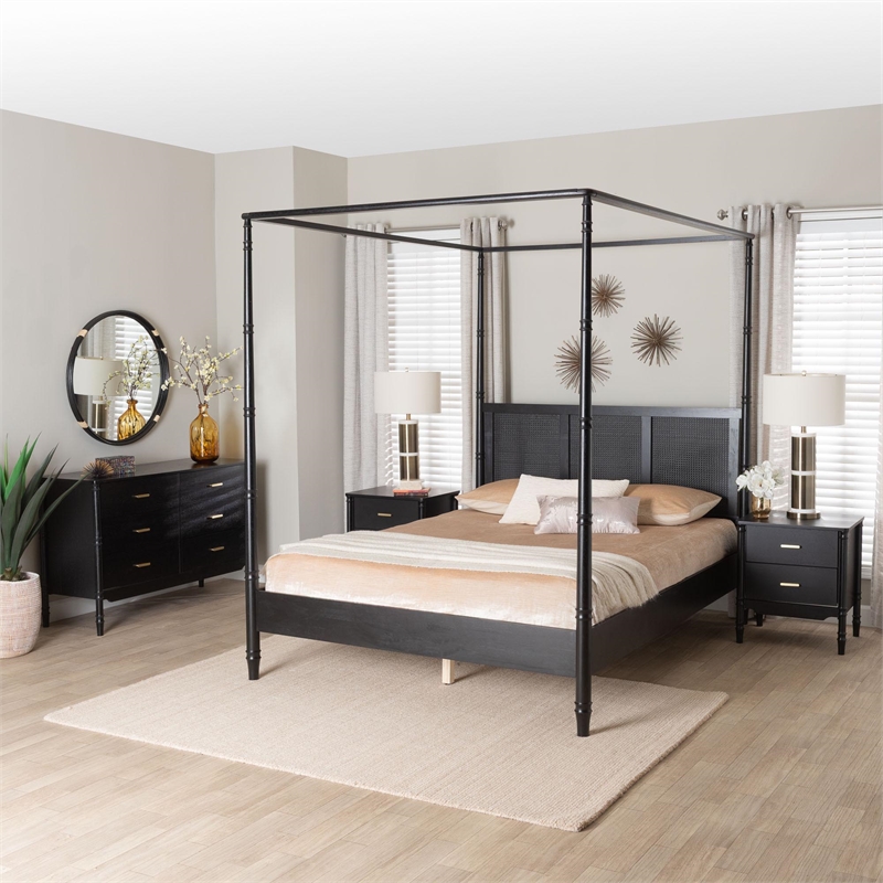 Baxton Studio Marisela 4 Piece Black Bedroom Set Rattan Headboard King