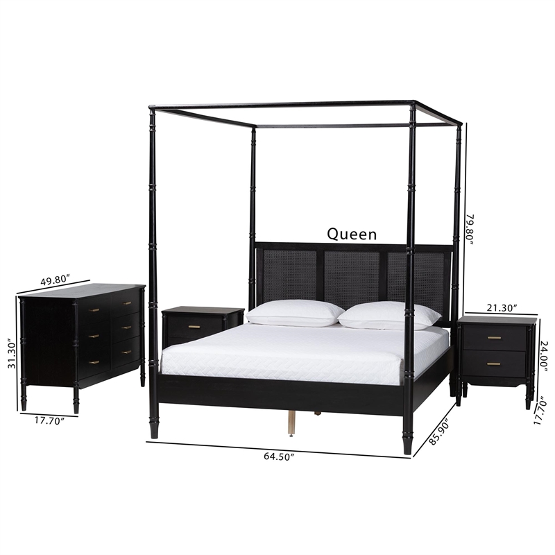 Baxton Studio Marisela 4 Piece Black Bedroom Set Rattan Headboard King