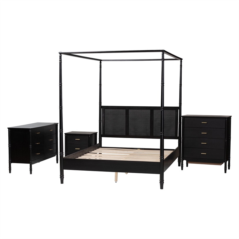 Baxton Studio Marisela 4 Piece Black Bedroom Set Rattan Headboard King