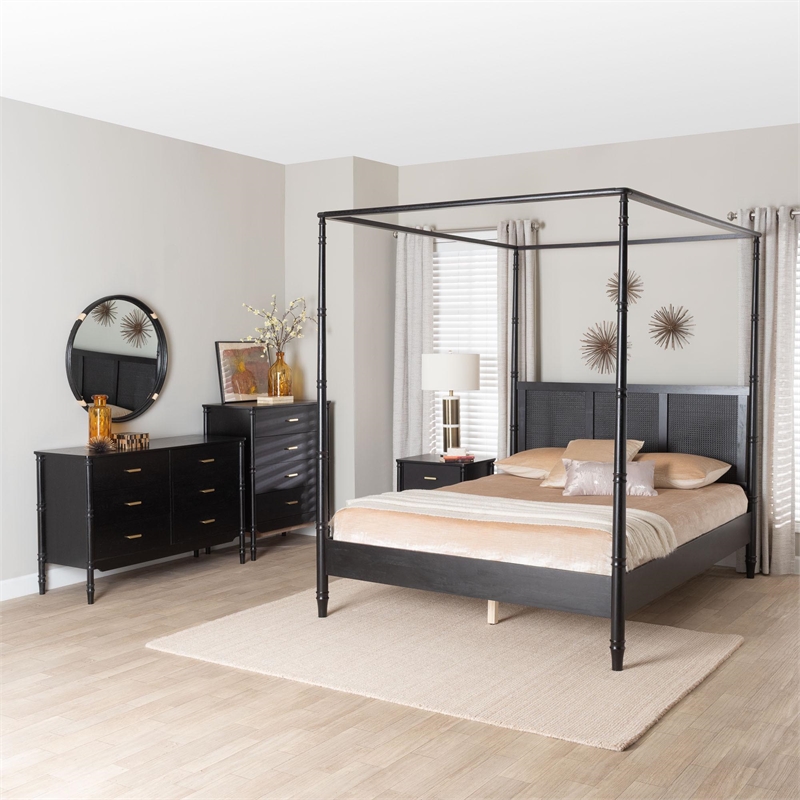 Baxton Studio Marisela 4 Piece Black Bedroom Set Rattan Headboard King