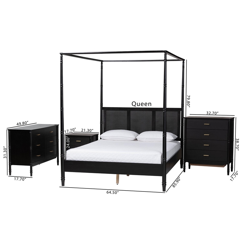 Baxton Studio Marisela 4 Piece Black Bedroom Set Rattan Headboard King