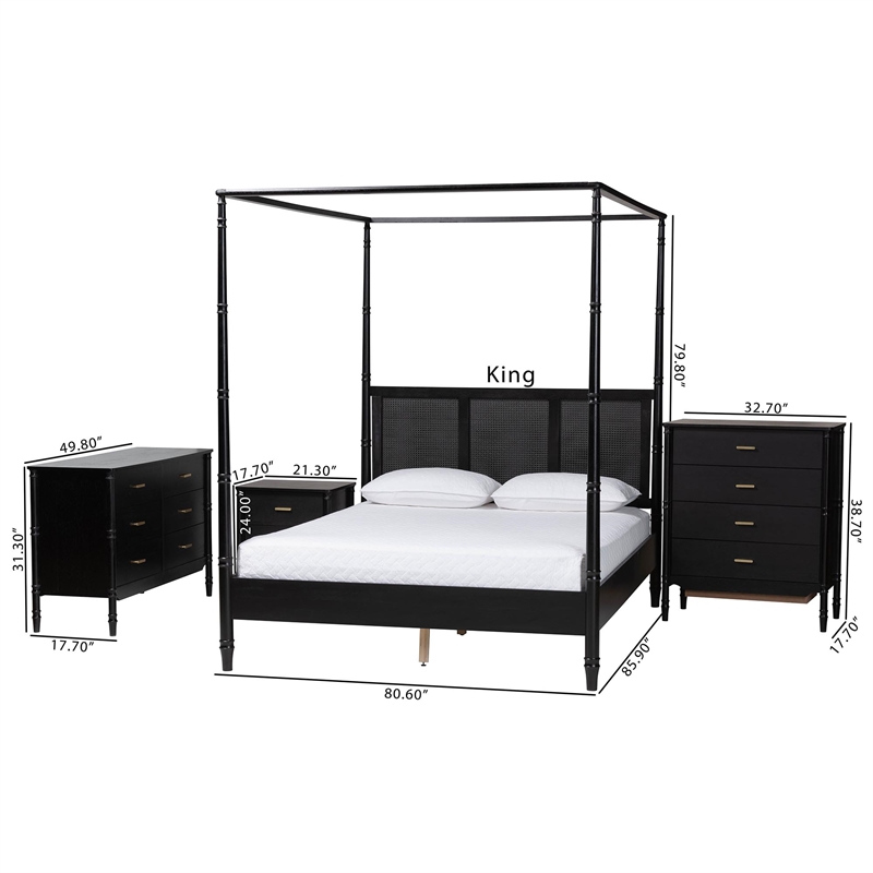 Baxton Studio Marisela 4 Piece Black Bedroom Set Rattan Headboard King
