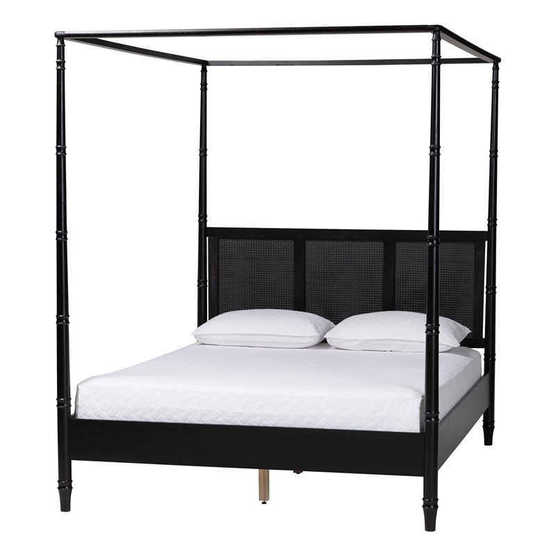 Baxton Studio Marisela 4 Piece Black Bedroom Set Rattan Headboard King