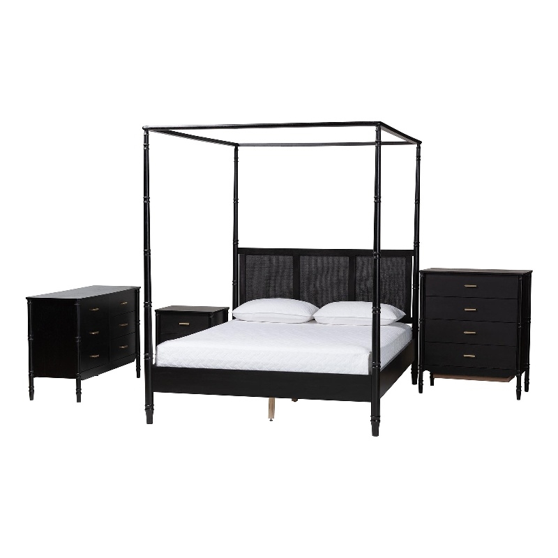 Baxton Studio Marisela 4 Piece Black Bedroom Set Rattan Headboard King