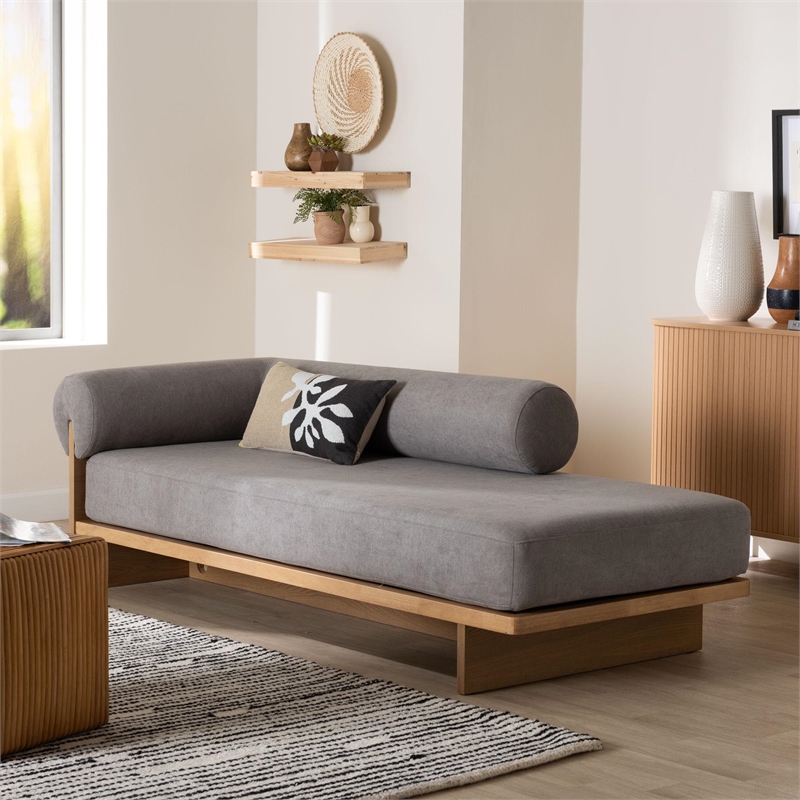Baxton Studio Bertille Left-Arm Chaise Lounge with Solid Wood Base