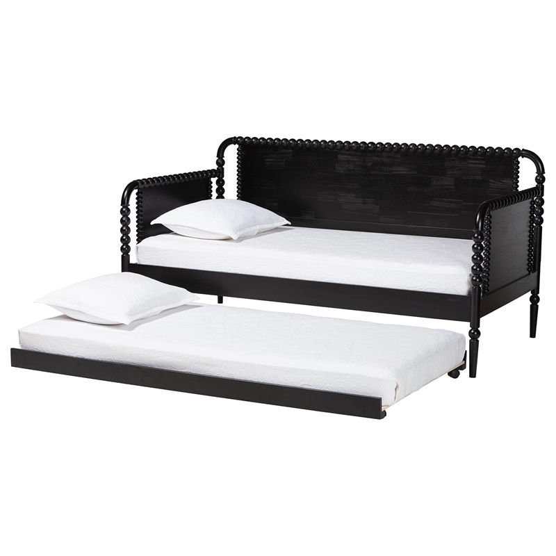 Baxton Studio Lucera Bobbin Daybed with Rolling Trundle Twin Black