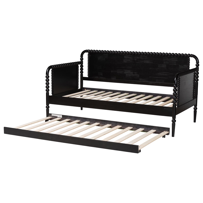 Baxton Studio Lucera Bobbin Daybed with Rolling Trundle Twin Black