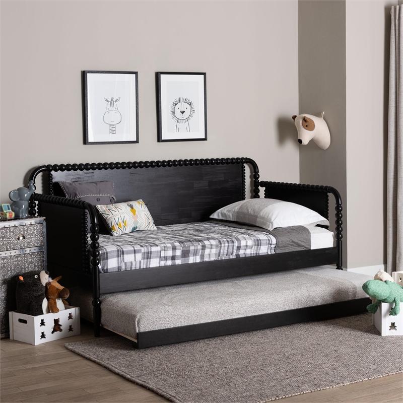 Baxton Studio Lucera Bobbin Daybed with Rolling Trundle Twin Black