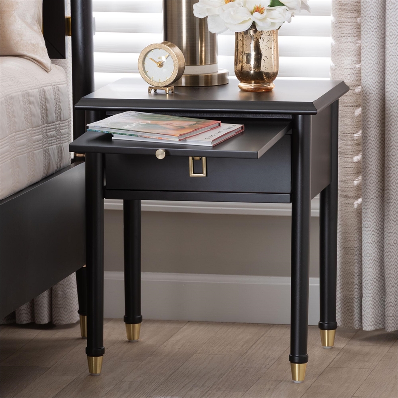 Baxton Studio Tamra Black Wood Nightstand with Pullout Shelf