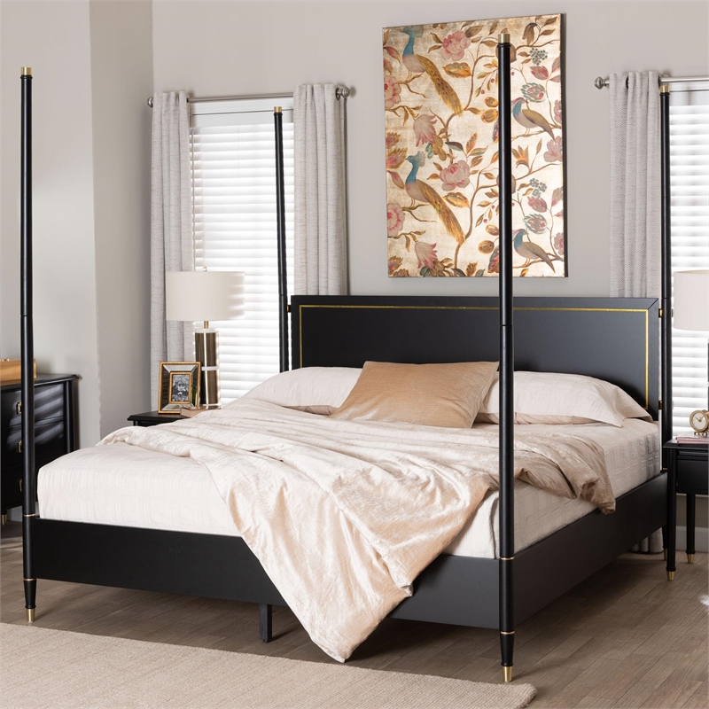 Baxton Studio Tamra Four-Poster Platform Bed Black Wood Bed Frame King