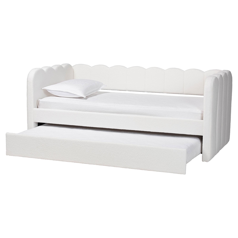Baxton Studio Palmer Cream Teddy-Bear Fabric Daybed with Rolling Trundle Twin