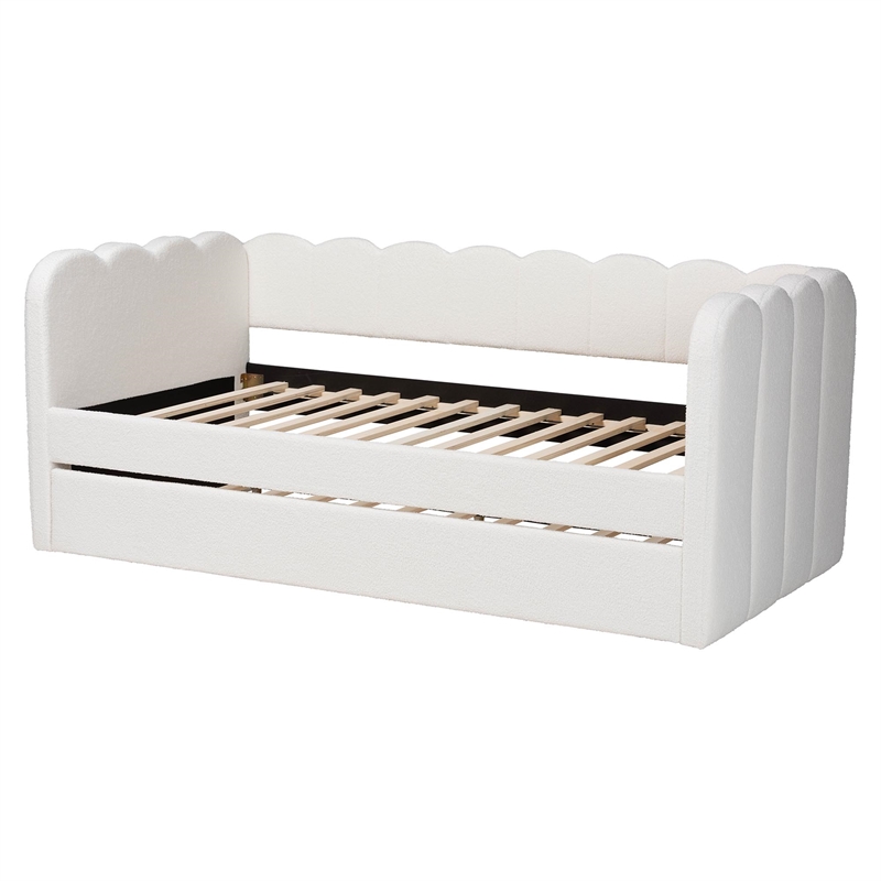 Baxton Studio Palmer Cream Teddy-Bear Fabric Daybed with Rolling Trundle Twin