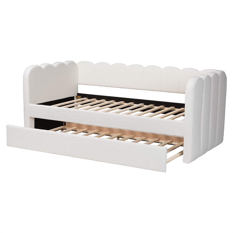 Baxton Studio Palmer Cream Teddy-Bear Fabric Daybed with Rolling Trundle Twin