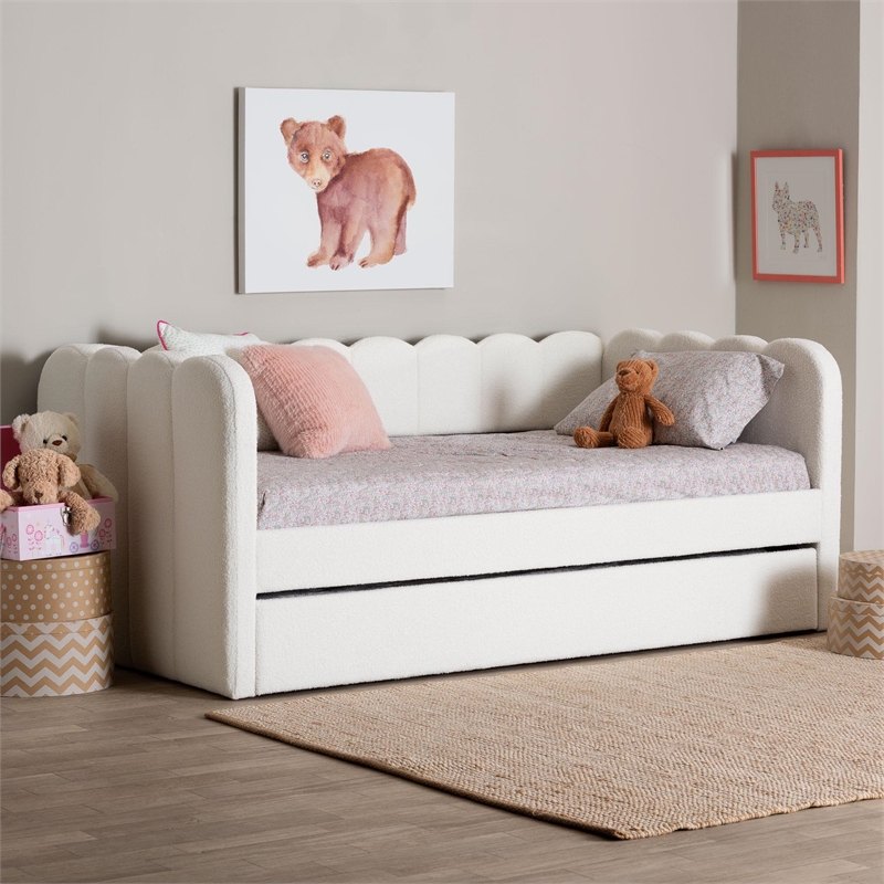 Baxton Studio Palmer Cream Teddy-Bear Fabric Daybed with Rolling Trundle Twin
