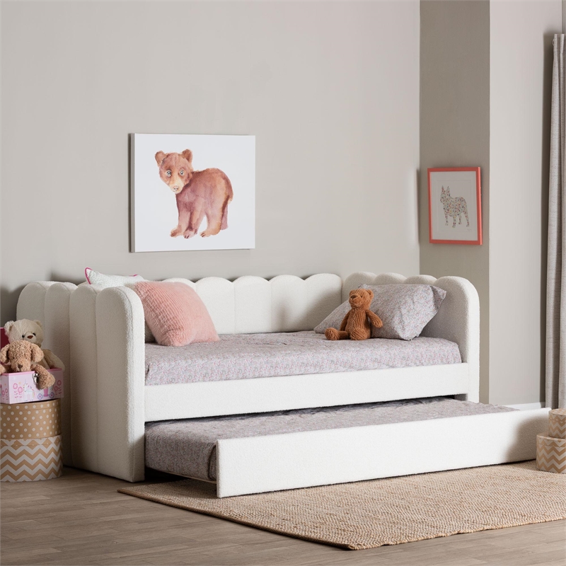Baxton Studio Palmer Cream Teddy-Bear Fabric Daybed with Rolling Trundle Twin