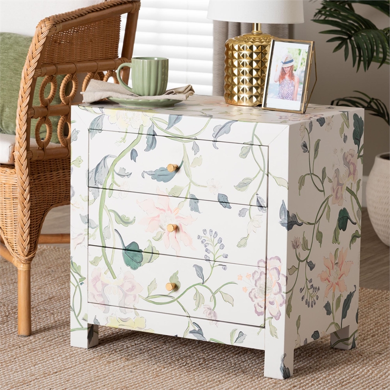 Baxton Studio Connery Floral  End Table 3-Drawer Decorative Storage Cabinet
