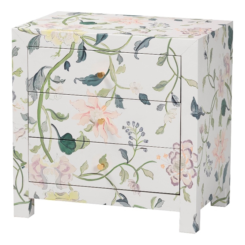 Baxton Studio Connery Floral  End Table 3-Drawer Decorative Storage Cabinet