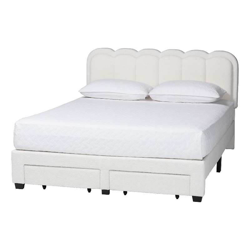 Baxton Studio Caradonna Cream Teddy-Bear Fabric Bed with Storage Drawers Queen