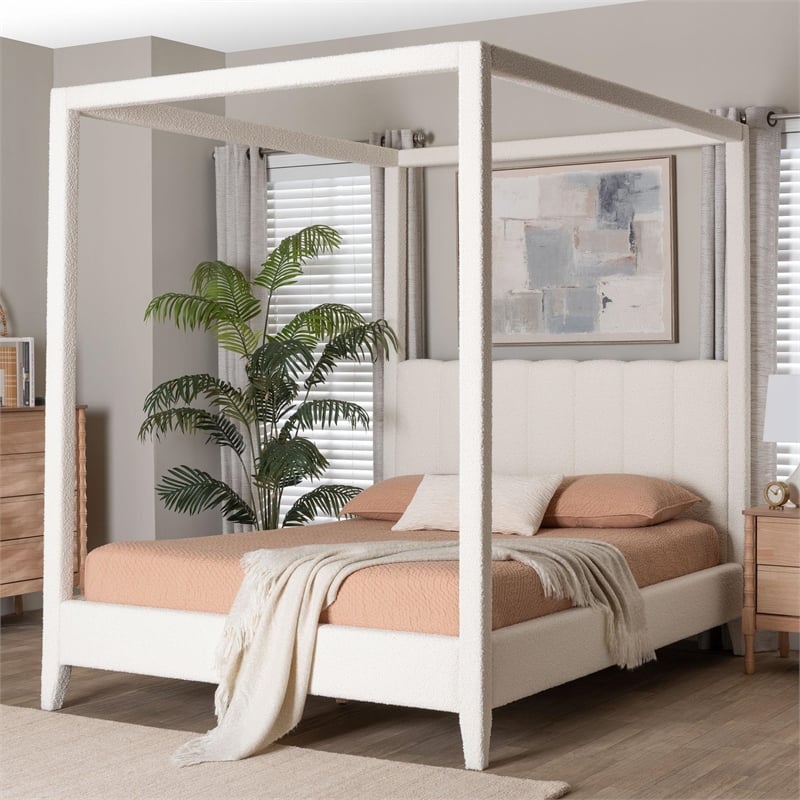 Baxton Studio Aerona Upholstered Canopy Bed Four Poster Platform Bed Queen