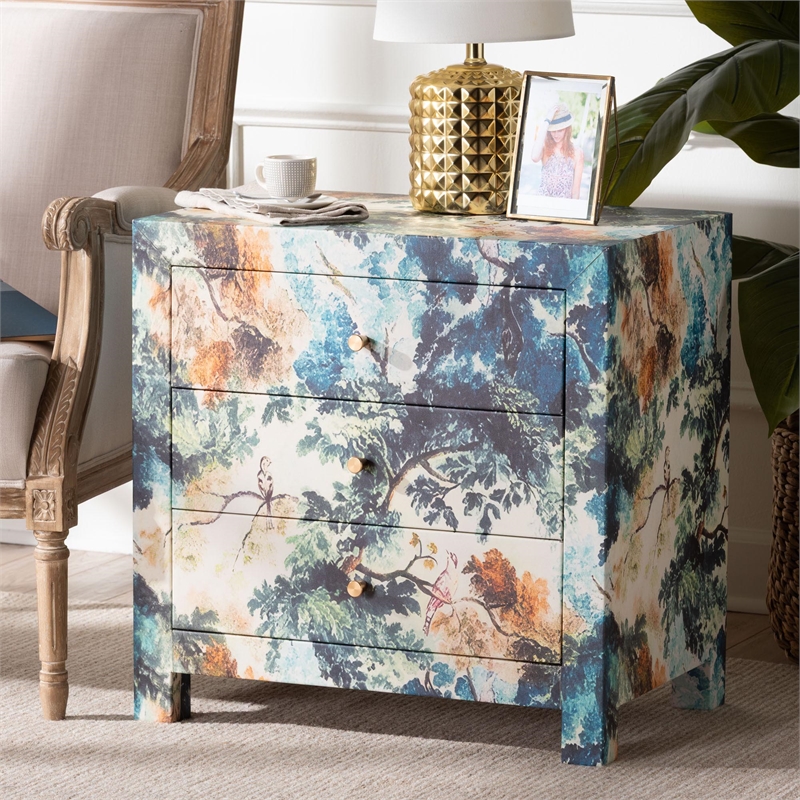 Baxton Studio Adeline End Table with Printed Motif 3-Drawer Storage Cabinet