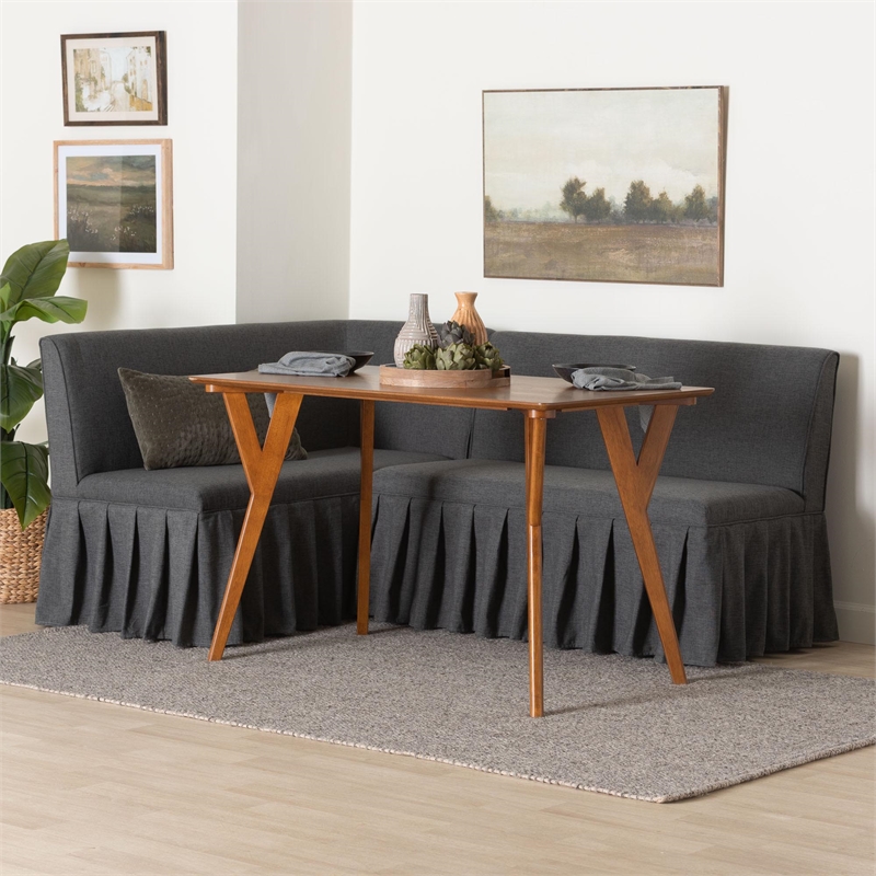Baxton Studio Randolph 3-Piece Fabric Upholstered Dining Nook Set Dark Grey