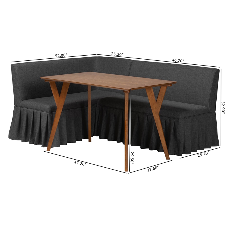 Baxton Studio Randolph 3-Piece Fabric Upholstered Dining Nook Set Dark Grey