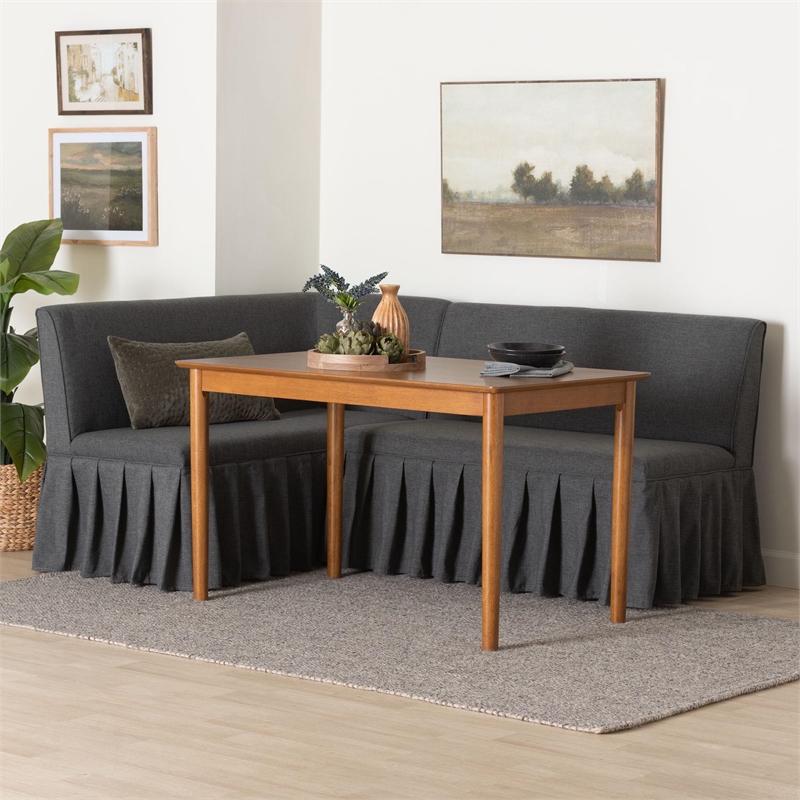Baxton Studio Richard 3-Piece Fabric Upholstered Dining Nook Set Dark Grey