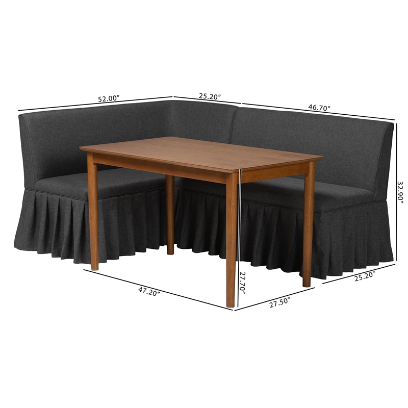 Baxton Studio Richard 3-Piece Fabric Upholstered Dining Nook Set Dark Grey