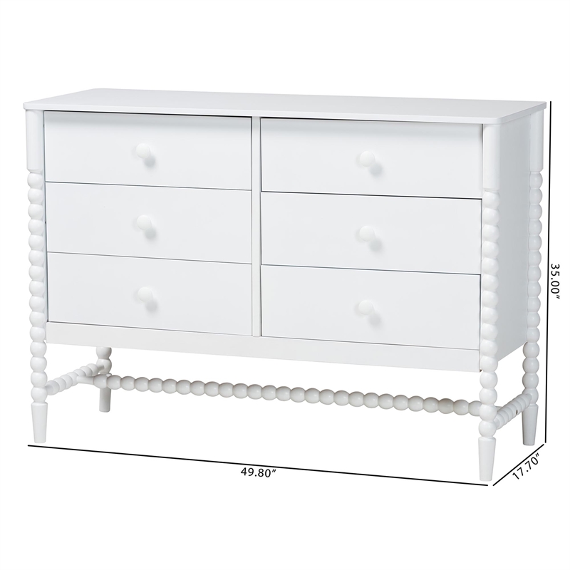 Baxton Studio Brantley Spindle Dresser 6-Drawer Horizontal Storage Cabinet White