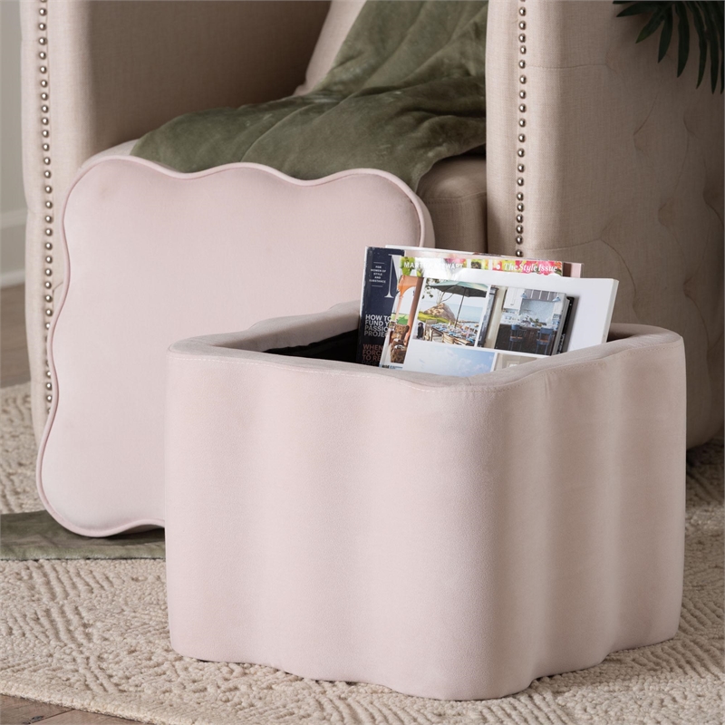 Baxton Studio Paulina Velvet Storage Ottoman Lid Top Accent Stool Light Pink