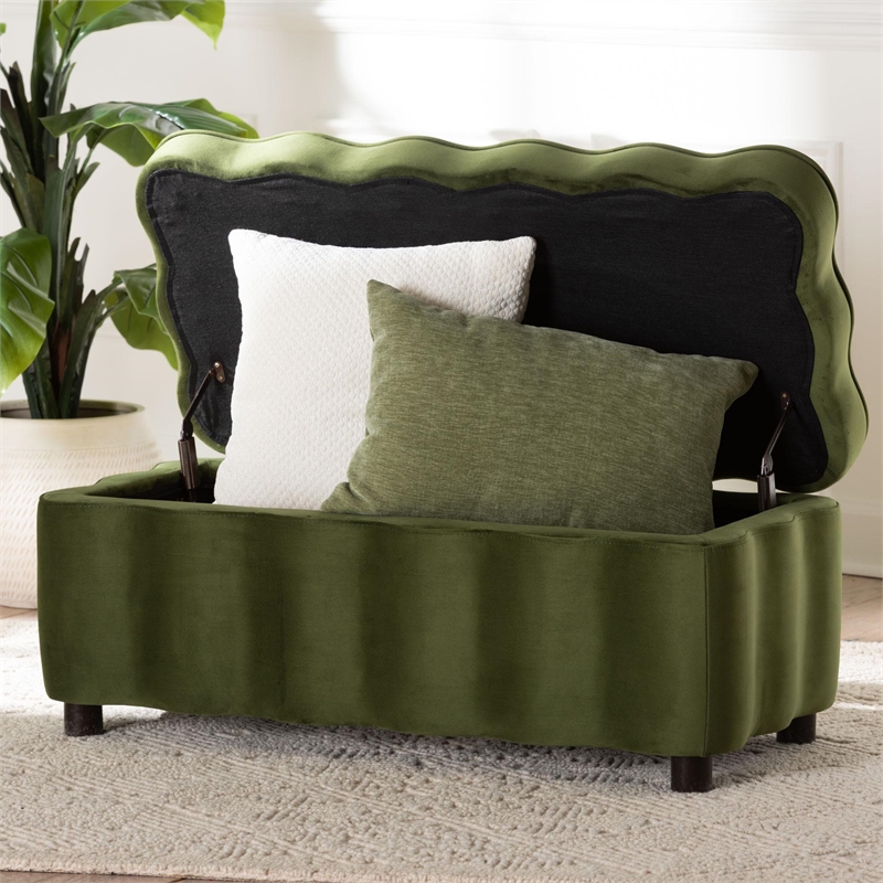 Baxton Studio Paulina Velvet Storage Bench Lift Top Accent Bench Moss Green