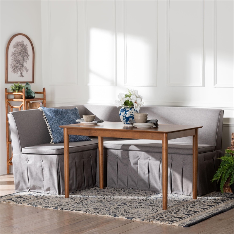 Baxton Studio Reuben 3-Piece Fabric Upholstered Dining Nook Set Gray