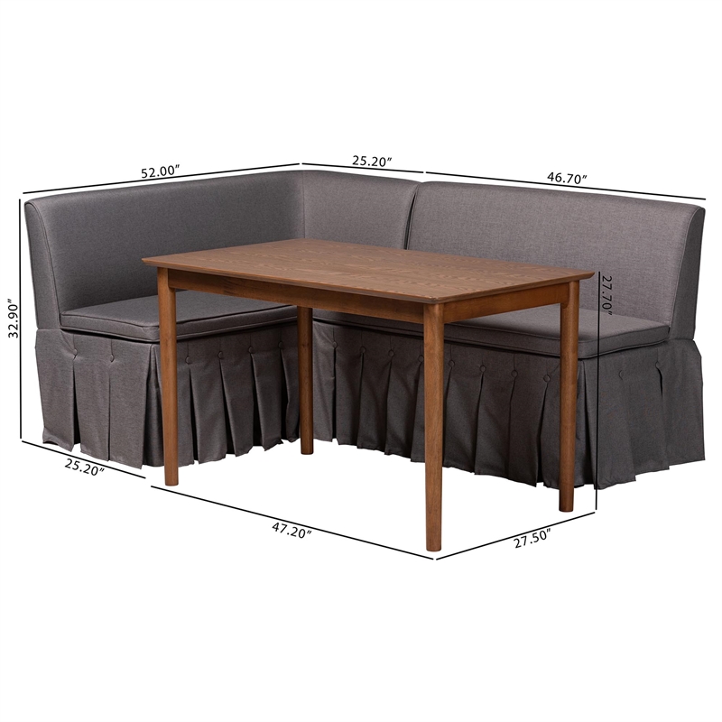 Baxton Studio Reuben 3-Piece Fabric Upholstered Dining Nook Set Gray