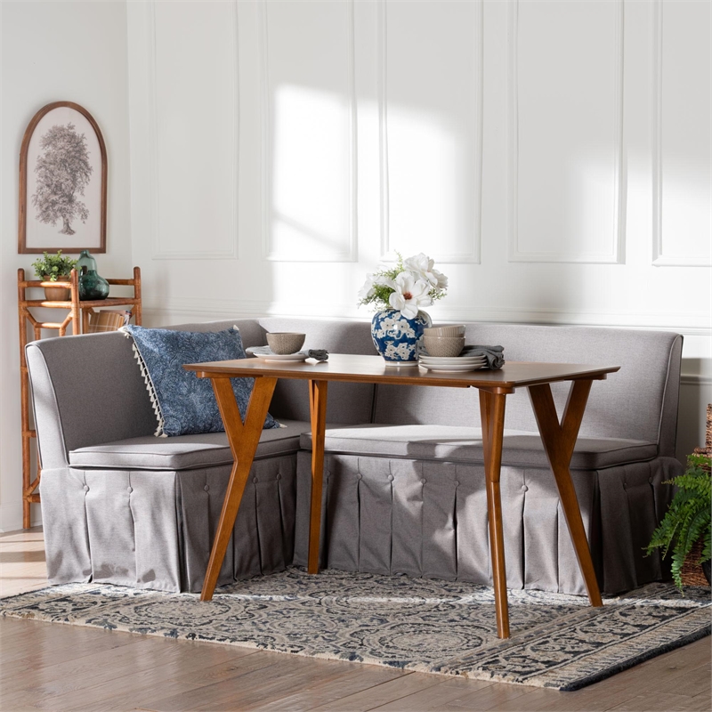Baxton Studio Reginald 3-Piece Fabric Upholstered Dining Nook Set Gray