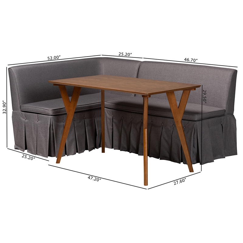 Baxton Studio Reginald 3-Piece Fabric Upholstered Dining Nook Set Gray