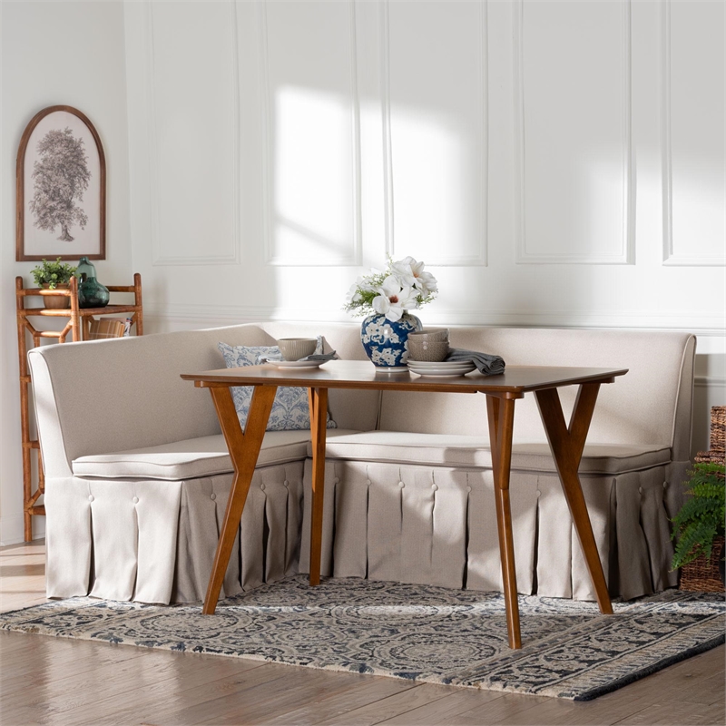 Baxton Studio Reginald 3-Piece Fabric Upholstered Dining Nook Set Beige