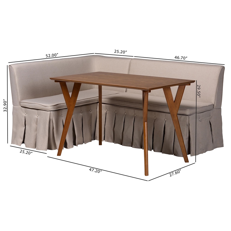 Baxton Studio Reginald 3-Piece Fabric Upholstered Dining Nook Set Beige