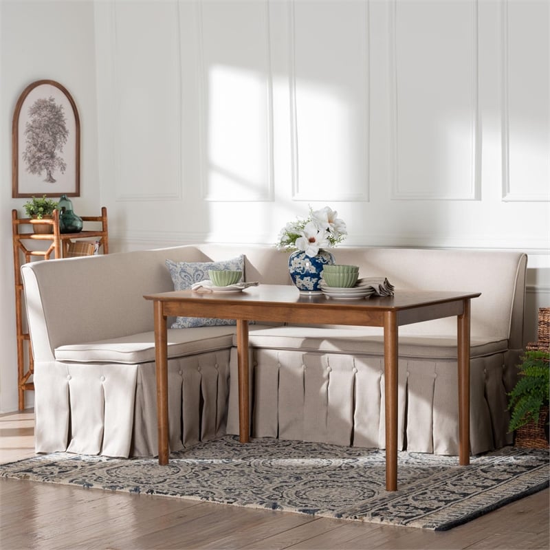 Baxton Studio Reuben 3-Piece Fabric Upholstered Dining Nook Set Beige