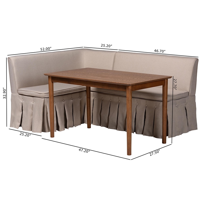 Baxton Studio Reuben 3-Piece Fabric Upholstered Dining Nook Set Beige