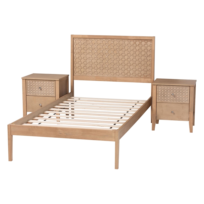 Baxton Studio Lara Twin 3-Piece Bedroom Set - Modern Wood Bed Frame Oak Brown