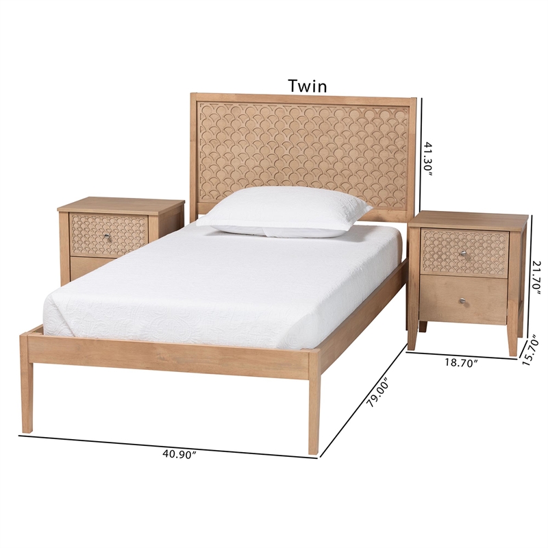 Baxton Studio Lara Twin 3-Piece Bedroom Set - Modern Wood Bed Frame Oak Brown