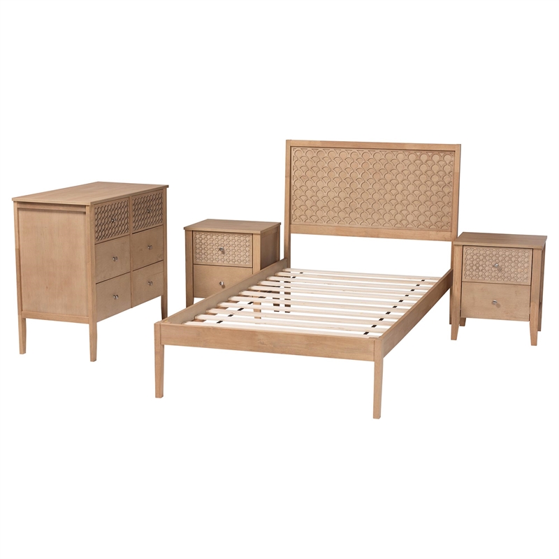 Baxton Studio Lara Twin 4-Piece Bedroom Set - Modern Wood Bed Frame oak Brown